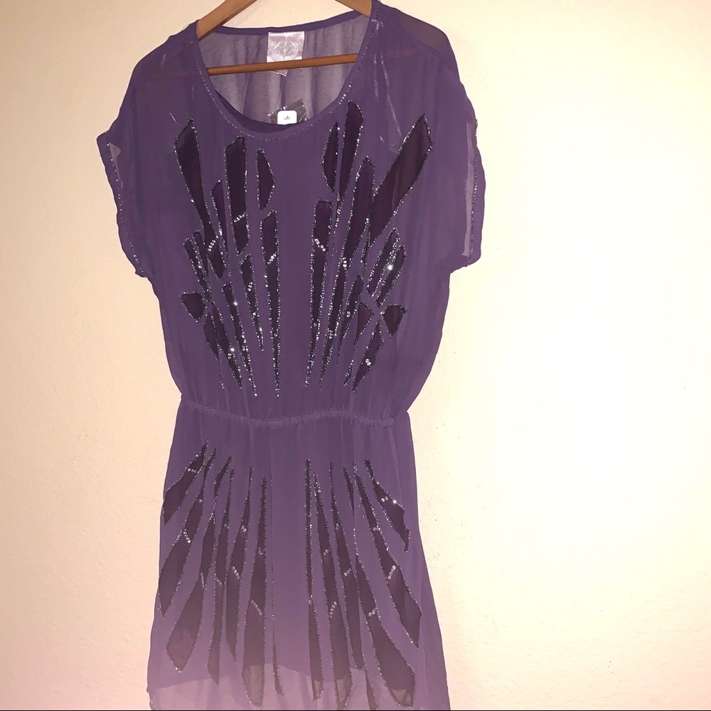 Romeo & Juliet Couture Puple Beaded Sheer Dress - Picture 5 of 14